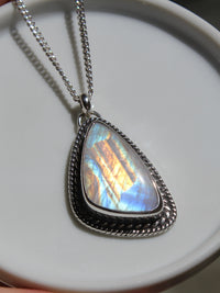 Handmade 925 sterling silver pendant with flashy rainbow moonstone lily and William jewelry