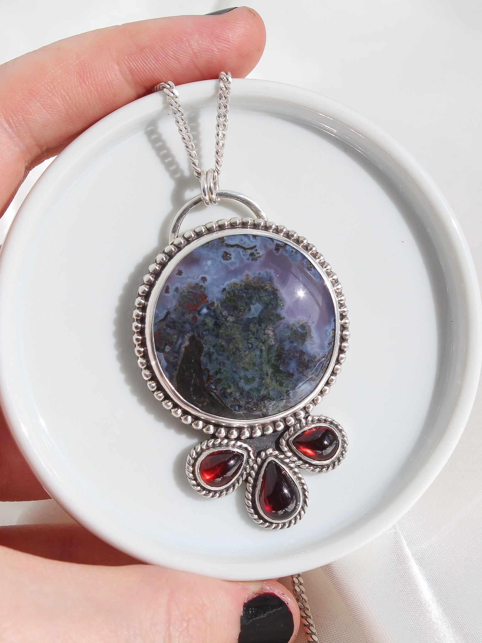 Handmade large 925 sterling silver statement necklace with natural purple moss agate stone and 3 garnets lily and William jewelry