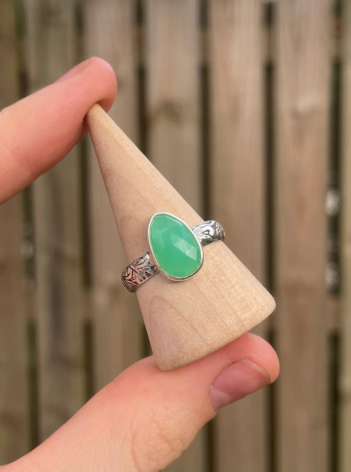 handmade sterling silver faceted chrysoprase stone ring size 8.75