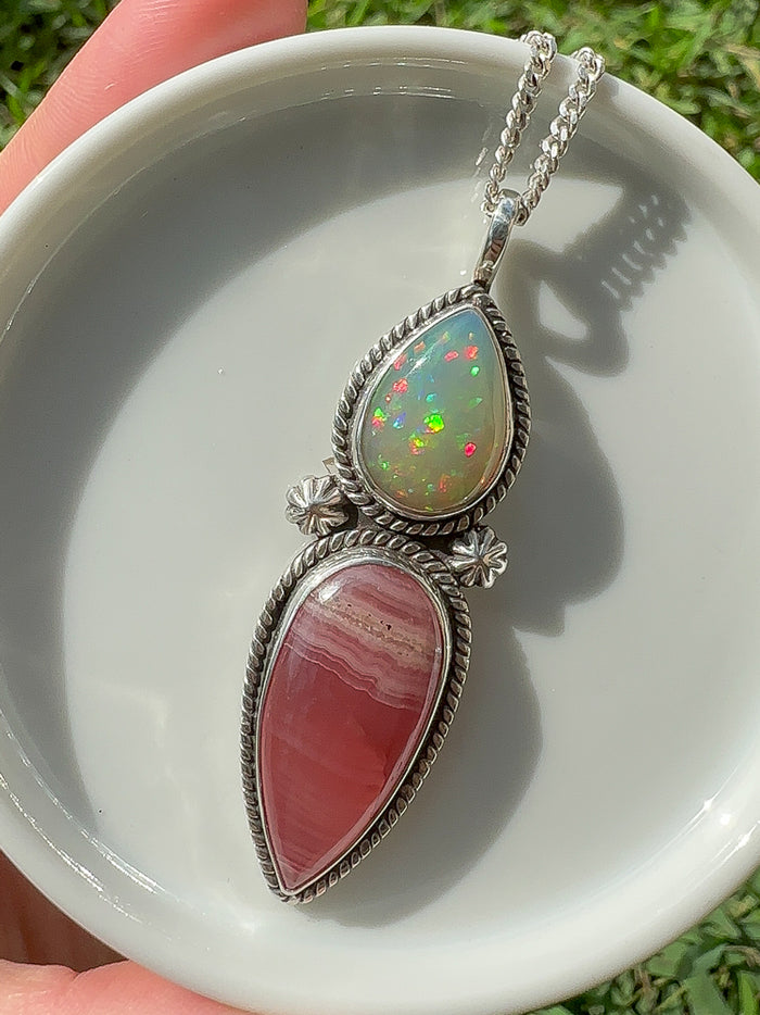 ethiopian opal and rhodochrosite sterling silver handmade necklace